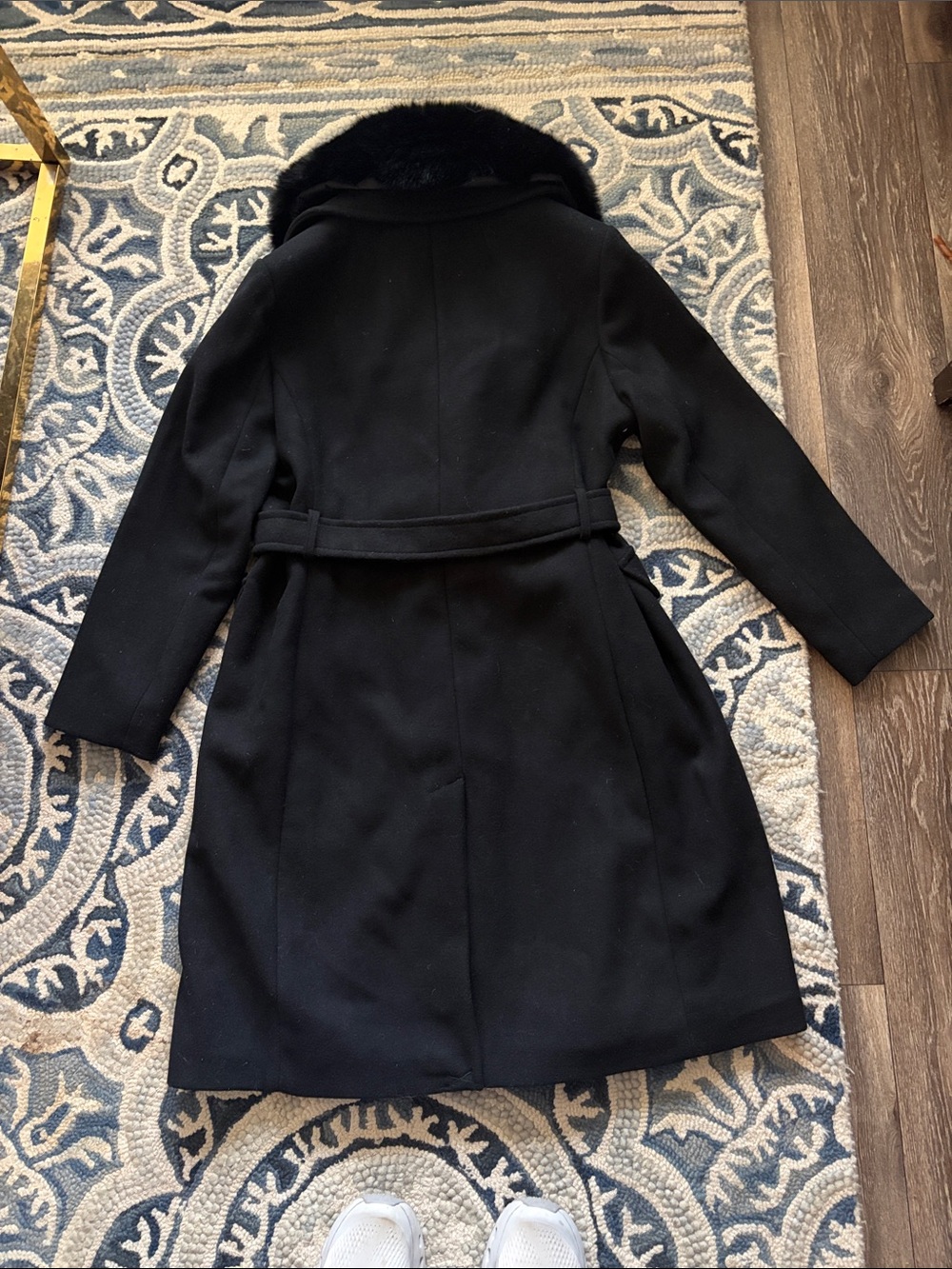 kate spade Black Wool Trench Coat with Faux Fur Collar - Picture 3 of 3